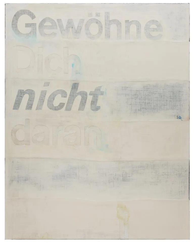 Sophie Reinhold, Gewöhne Dich nicht dran, 2019, oil on marble powder on jute, 190 x 140 cm. Courtesy: the artist and Schiefe Zähne, Berlin.